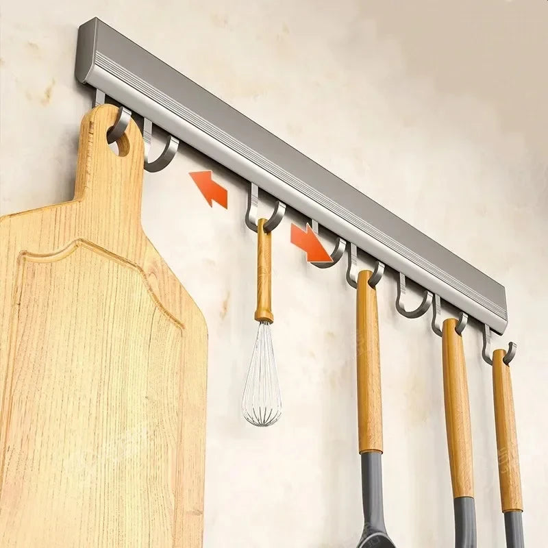 Aluminum Alloy Kitchen Utensil Storage Rack – Wall Mounted Hook Organizer