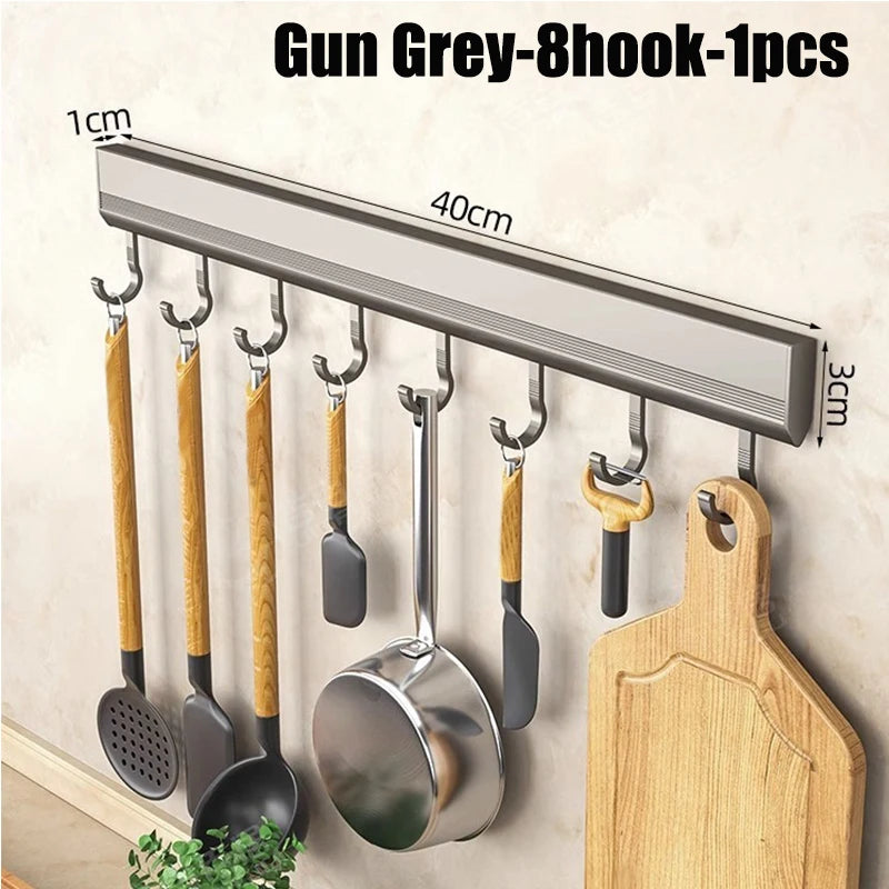 Aluminum Alloy Kitchen Utensil Storage Rack – Wall Mounted Hook Organizer