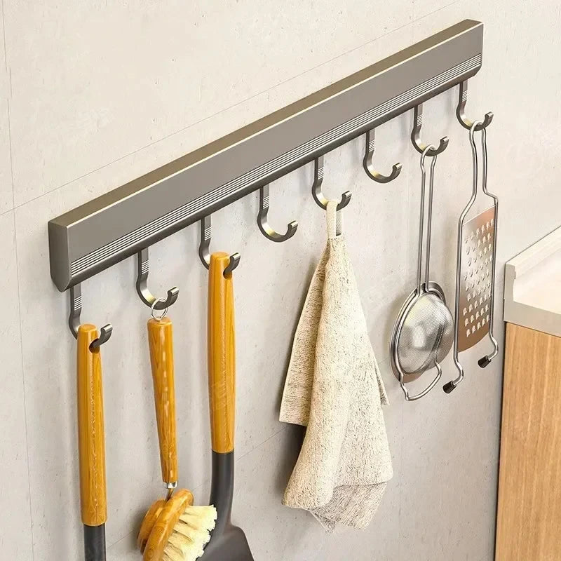 Aluminum Alloy Kitchen Utensil Storage Rack – Wall Mounted Hook Organizer