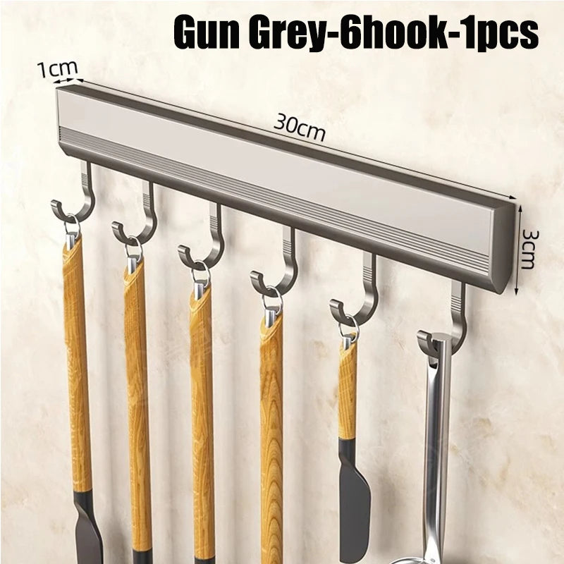 Aluminum Alloy Kitchen Utensil Storage Rack – Wall Mounted Hook Organizer
