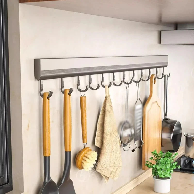 Aluminum Alloy Kitchen Utensil Storage Rack – Wall Mounted Hook Organizer