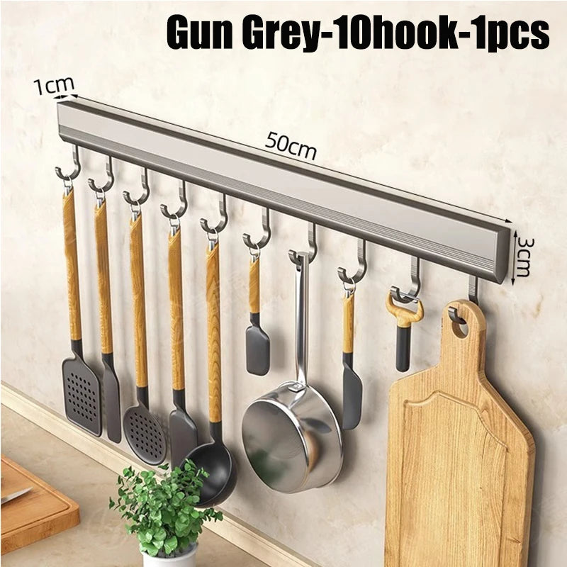 Aluminum Alloy Kitchen Utensil Storage Rack – Wall Mounted Hook Organizer