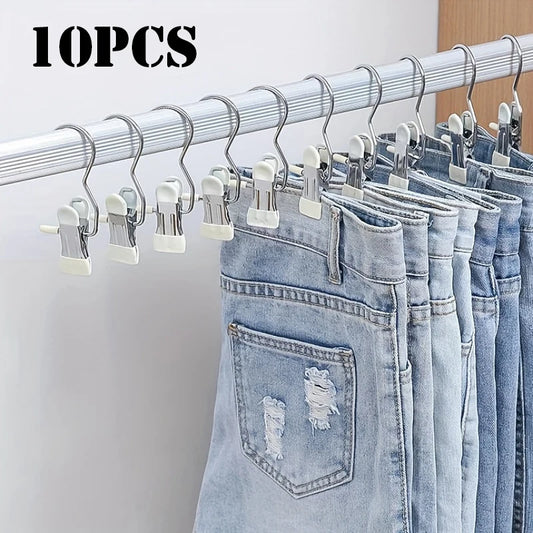 10PCS Stainless Steel Hanging Clips with Hooks – Space-Saving Laundry & Closet Organizer