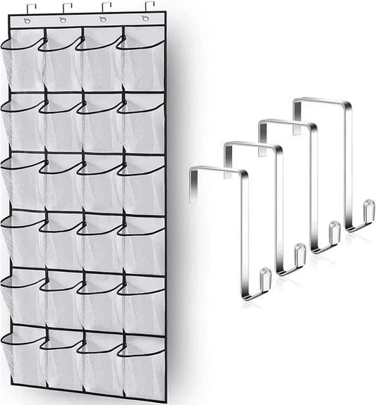 Over-the-Door Shoe Organizer with 24 Mesh Pockets – Hanging Shoe Rack for Closet & Entryway (Black, White, Gray)