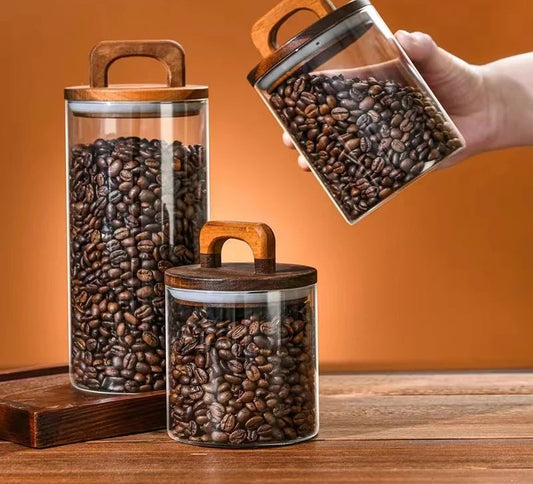 Airtight Glass Food Storage Jar with Wooden Lid – Modern Kitchen Canister