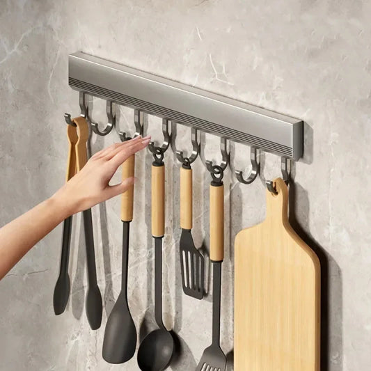 Aluminum Alloy Kitchen Utensil Storage Rack – Wall Mounted Hook Organizer