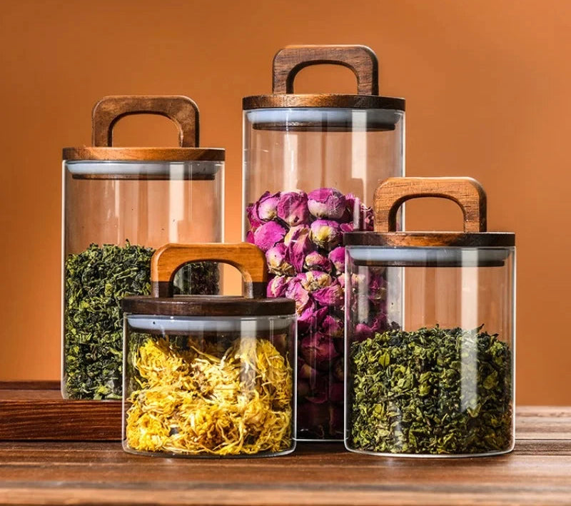 Airtight Glass Food Storage Jar with Wooden Lid – Modern Kitchen Canister